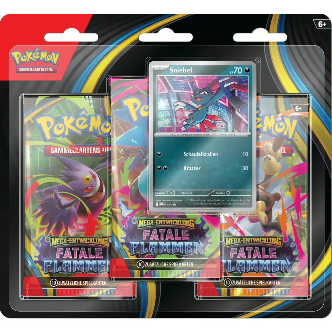 Pokémon Fatale Flammen ME02 3-Pack-Blister DE Sniebel