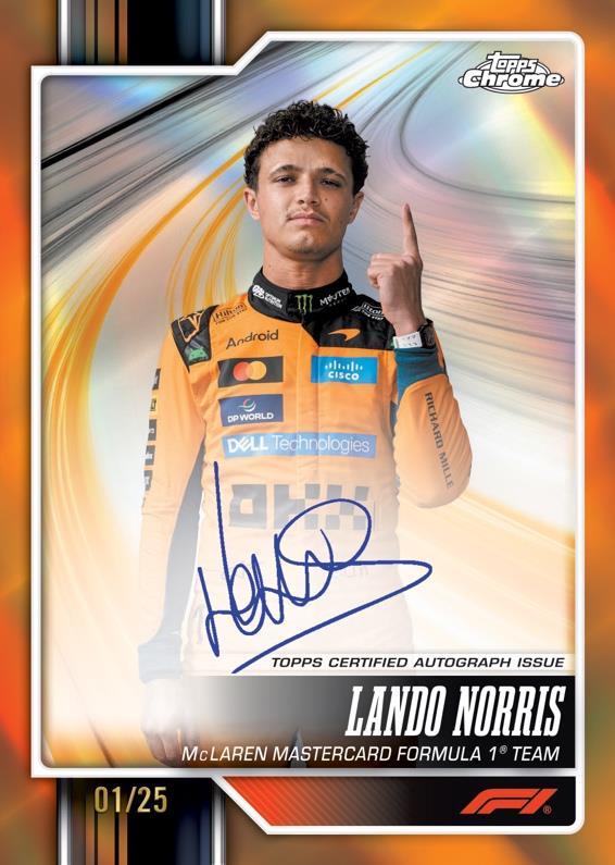Möglicher Kartenpull: Lando Norris Chrome Autograph Orange Refractor /25 – Kartenbeispiel, nicht garantiert
