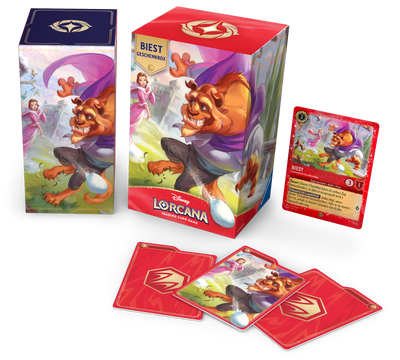 Inhalt der deutschen Disney Lorcana Biest Geschenkbox mit Promokarte, Aufbewahrungsbox und Kartentrennern